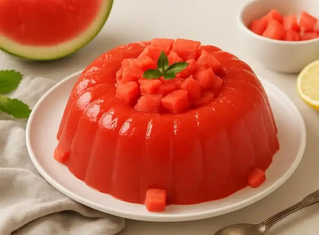 Homemade Sicilian watermelon pudding served in a bowl with fresh mint.