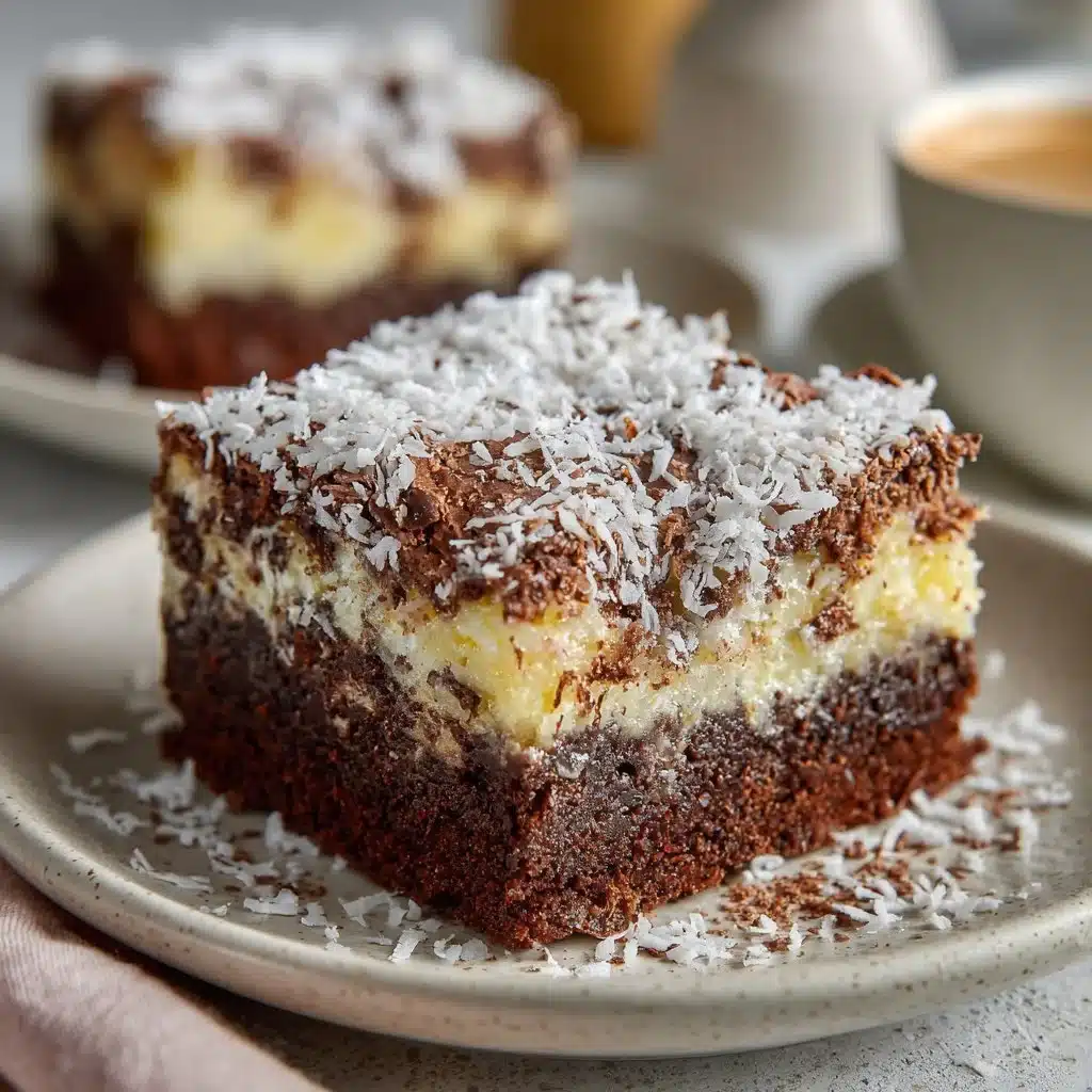 Decadent coconut cream brownies with rich chocolate and creamy coconut topping