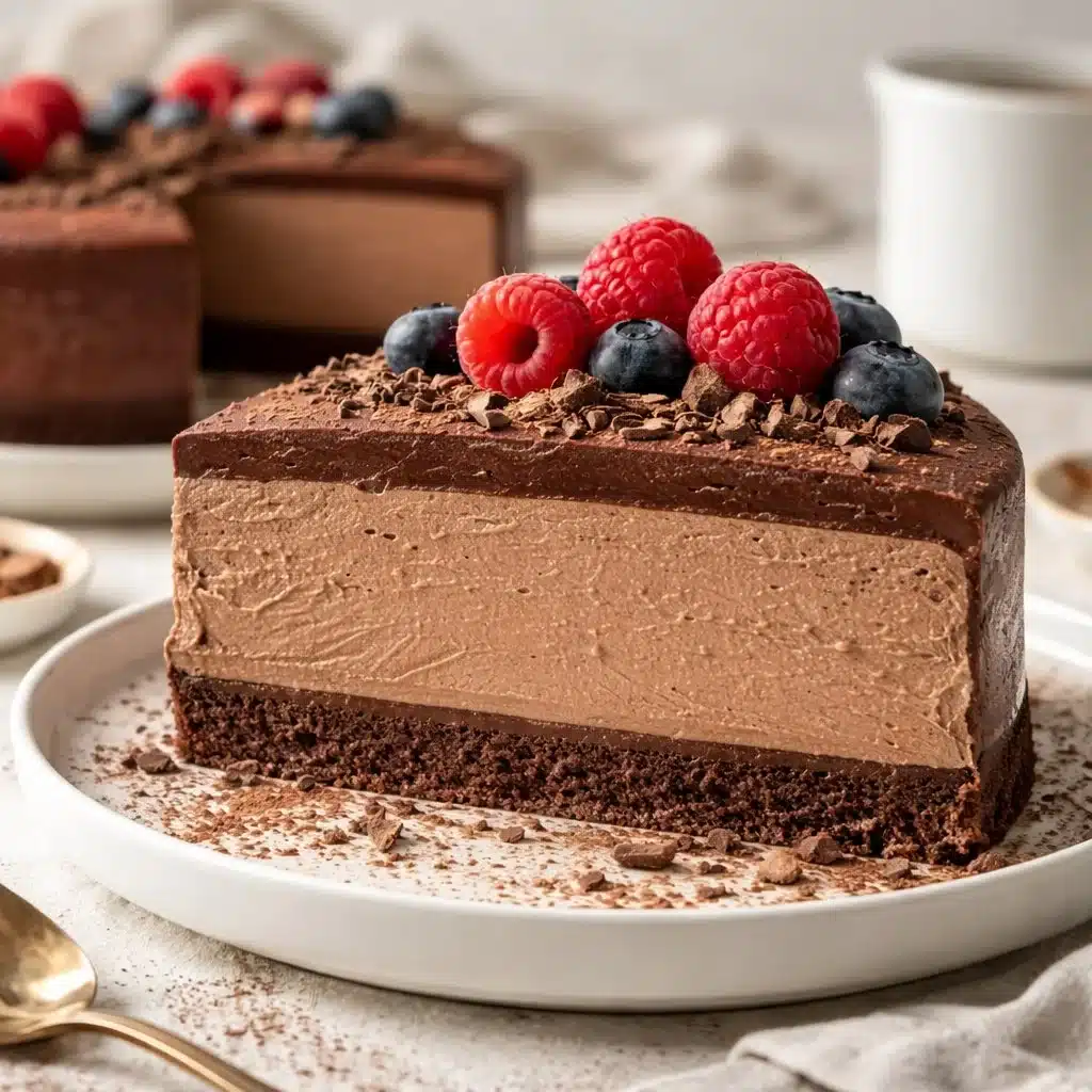 Decadent gluten-free chocolate mousse cake topped with fresh berries