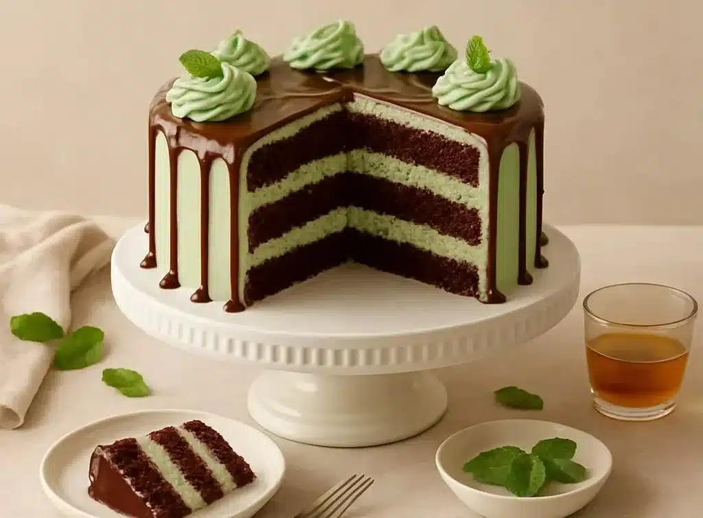 Mint Julep Cake 3 Slice of Mint Julep Cake with mint garnish and bourbon glaze
