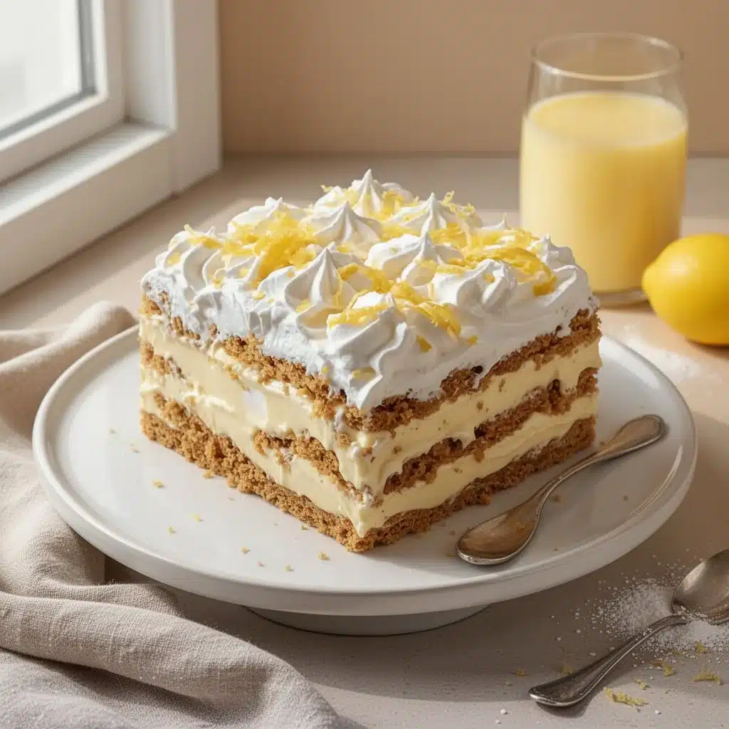 No-Bake Lemon Eclair Cake 3 No-Bake Lemon Eclair Cake with layers of lemon cream and eclair pastries