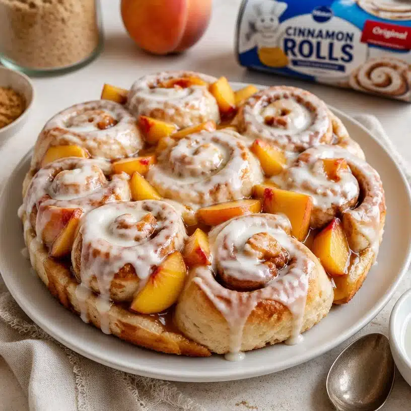 Peach Cobbler Cinnamon Rolls 3 Peach Cobbler Cinnamon Rolls topped with cinnamon and fresh peaches