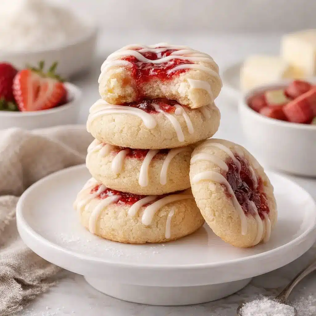 Pretty strawberry rhubarb thumbprint cookies on a plate.