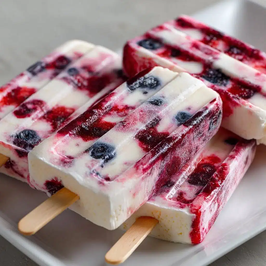 Refreshing Greek Yogurt Popsicles 3 Delicious Greek yogurt popsicles in vibrant summer colors.