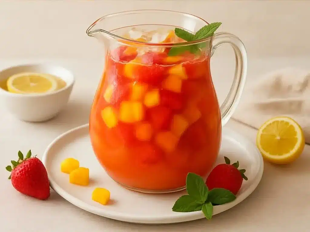 Glass of refreshing mango strawberry lemonade on a summer day