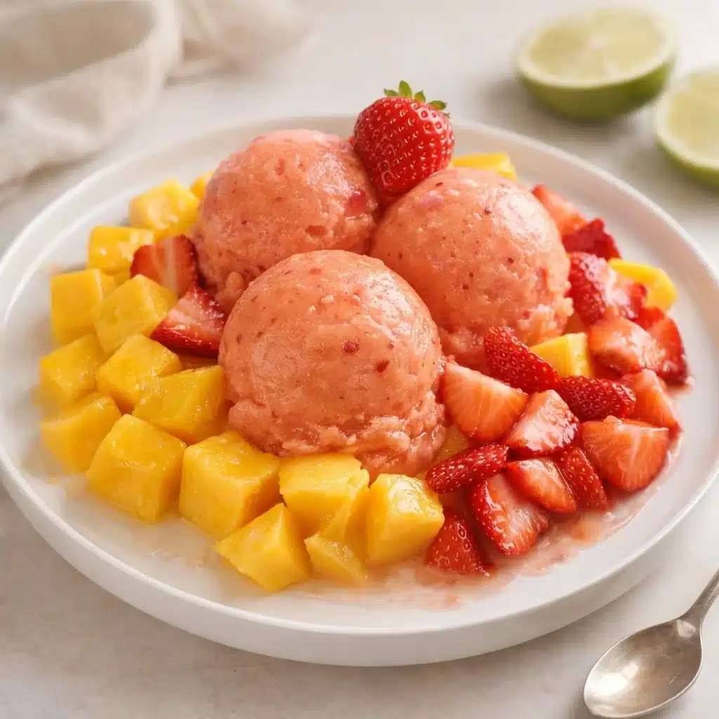 Refreshing Mango Strawberry Sorbet 3 Refreshing mango strawberry sorbet in a colorful bowl, perfect for summer dessert.