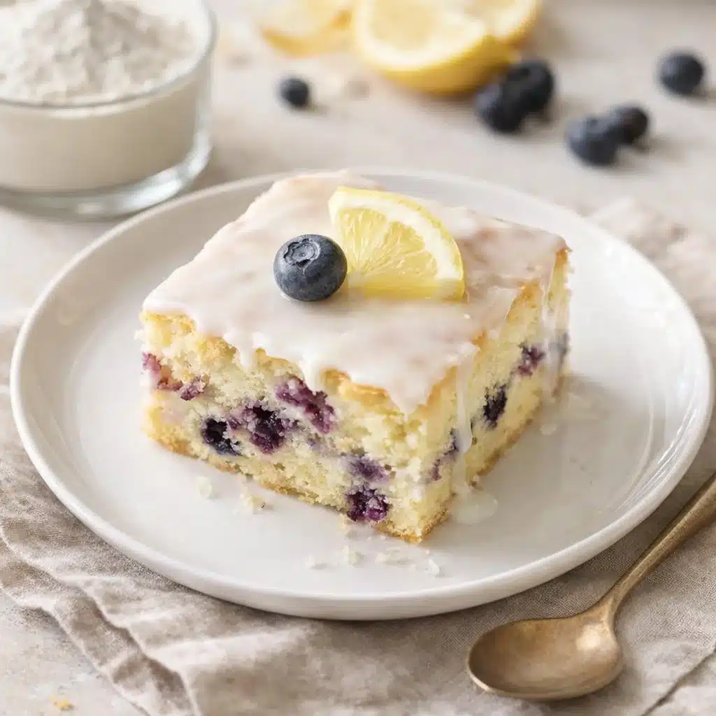 Delicious lemon blueberry sheet cake topped with fresh blueberries and lemon zest.