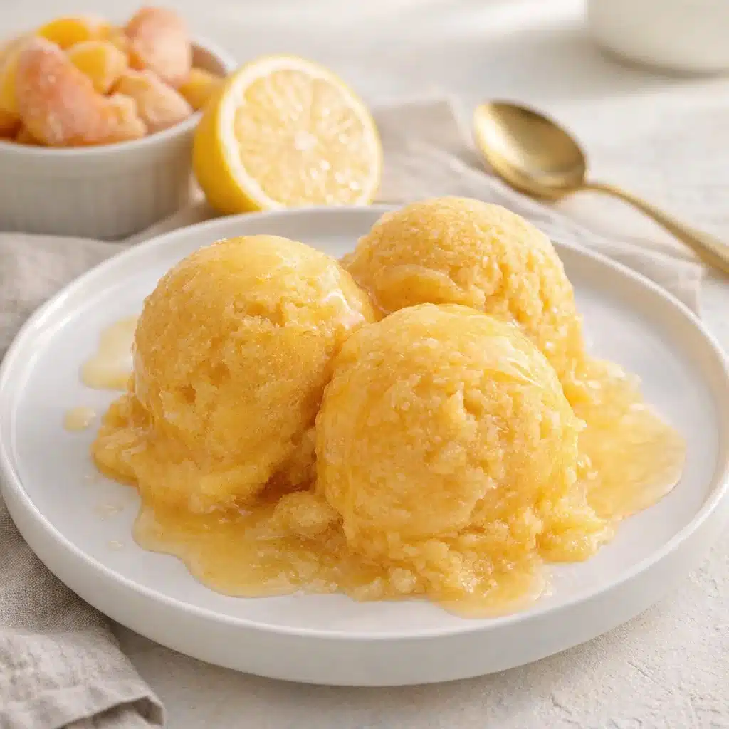 Three Ingredient Peach Sorbet 3 A bowl of creamy three-ingredient peach sorbet garnished with fresh peaches