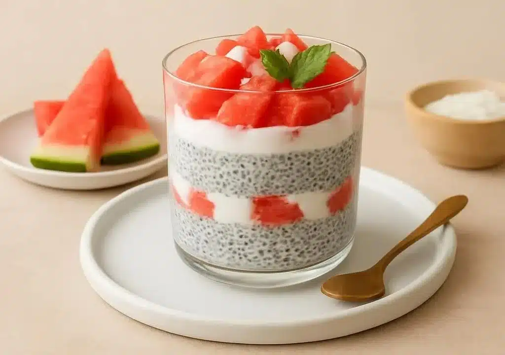 Watermelon Chia Parfait 3 Delicious Watermelon Chia Parfait with layers of watermelon and chia seeds