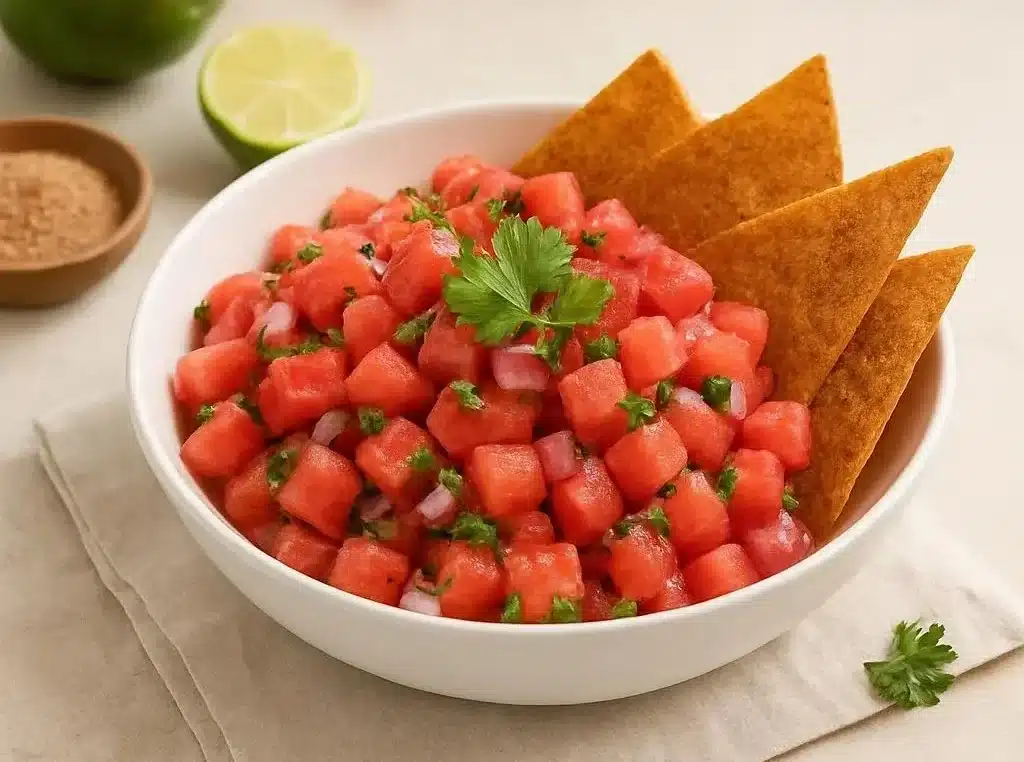 Delicious watermelon salsa served with cinnamon tortilla chips for a summer snack