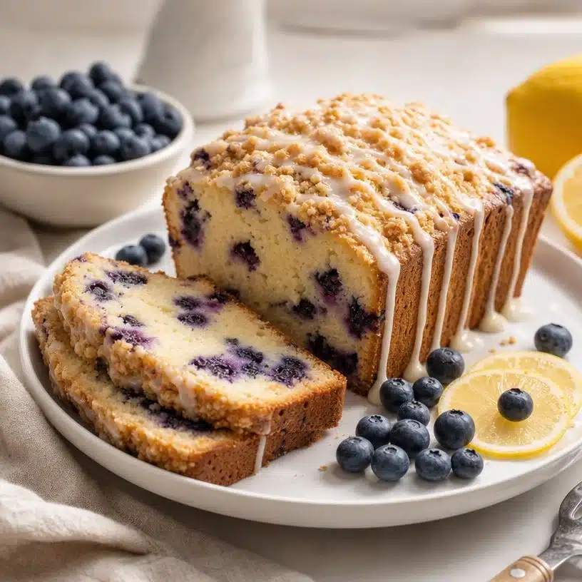 Freshly baked blueberry lemon loaf with blueberries on top