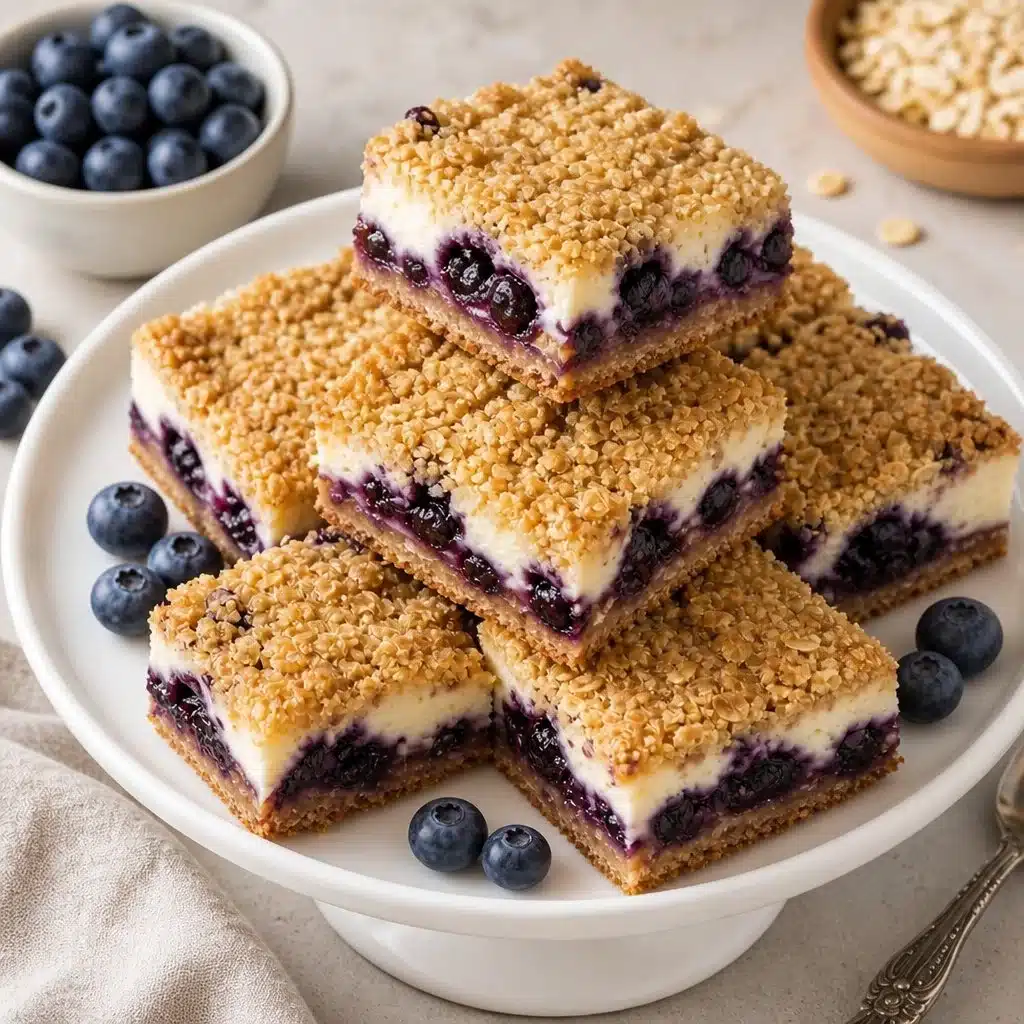 Blueberry Cream Cheese Bars 3 Delicious blueberry cream cheese bars cut into squares and served on a plate.