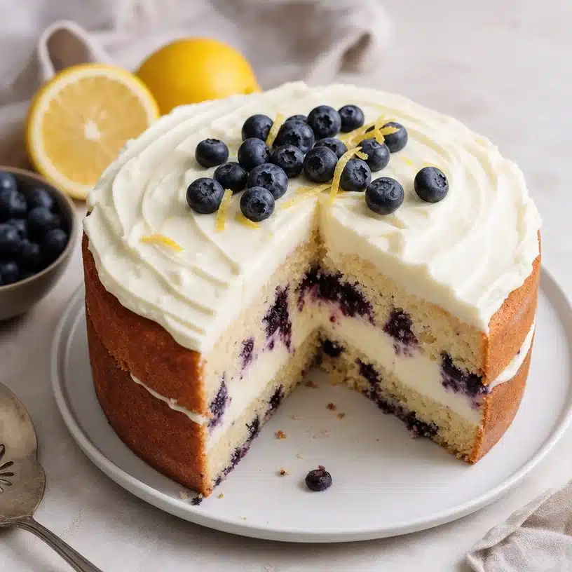 Blueberry Lemon Cake with Cream Cheese Frosting 3 Blueberry lemon cake with cream cheese frosting on a white plate