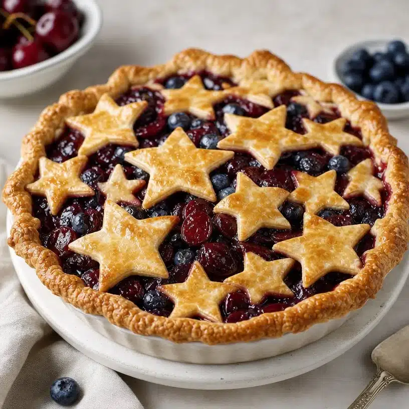 Cherry Blueberry Star Pie with bright colors and star-shaped crust.