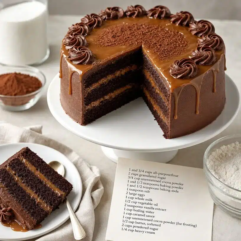 Decadent chocolate caramel cake with layers of rich chocolate and caramel drizzle.