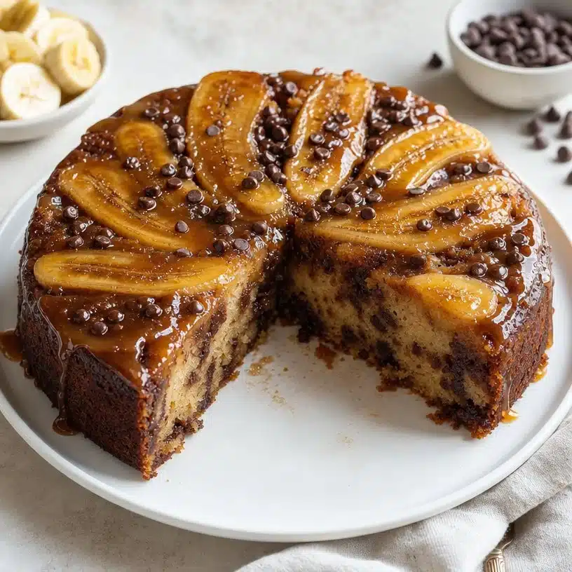 Chocolate Chip Banana Upside Down Cake 3 Chocolate chip banana upside down cake topped with caramelized bananas