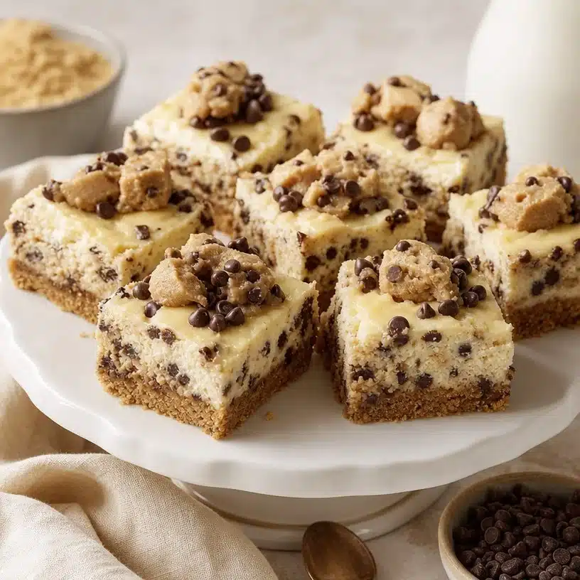 Chocolate Chip Cookie Dough Cheesecake Bars 3 Chocolate Chip Cookie Dough Cheesecake Bars with a creamy layer and chocolate chips