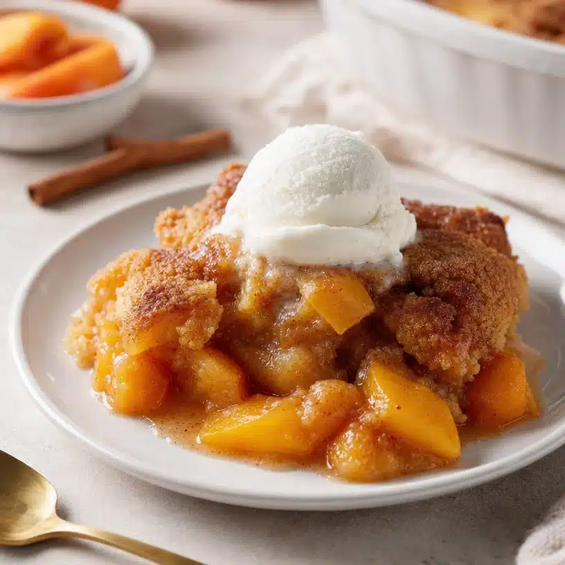 Cinnamon Peach Cobbler with Cake Mix 3 Delicious cinnamon peach cobbler dessert made with cake mix and fresh peaches