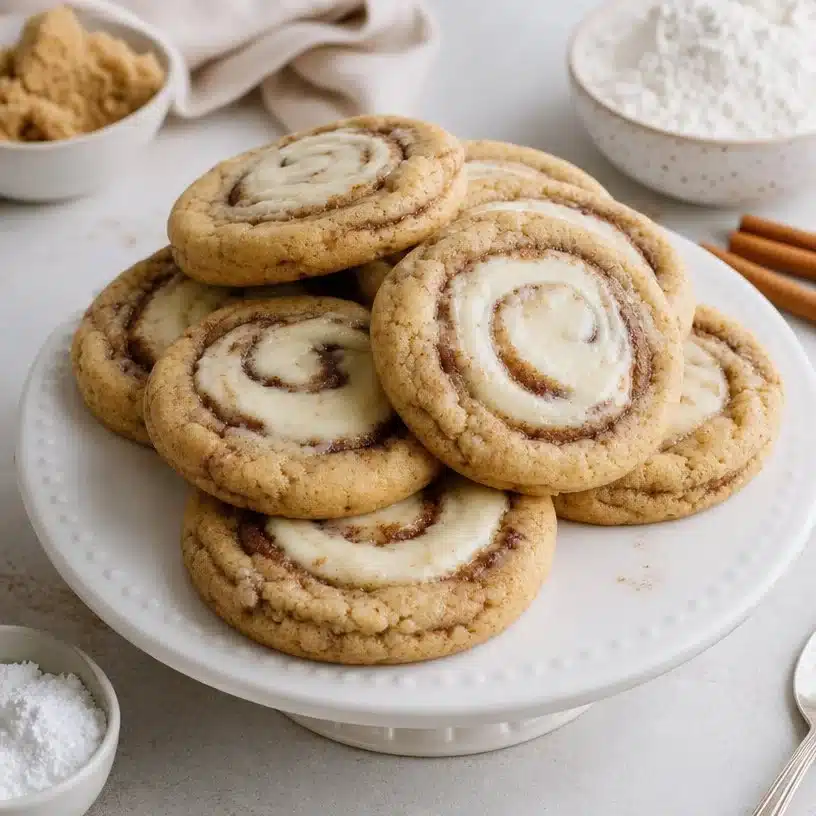 Delicious cinnamon roll cheesecake cookies on a plate, drizzled with icing.