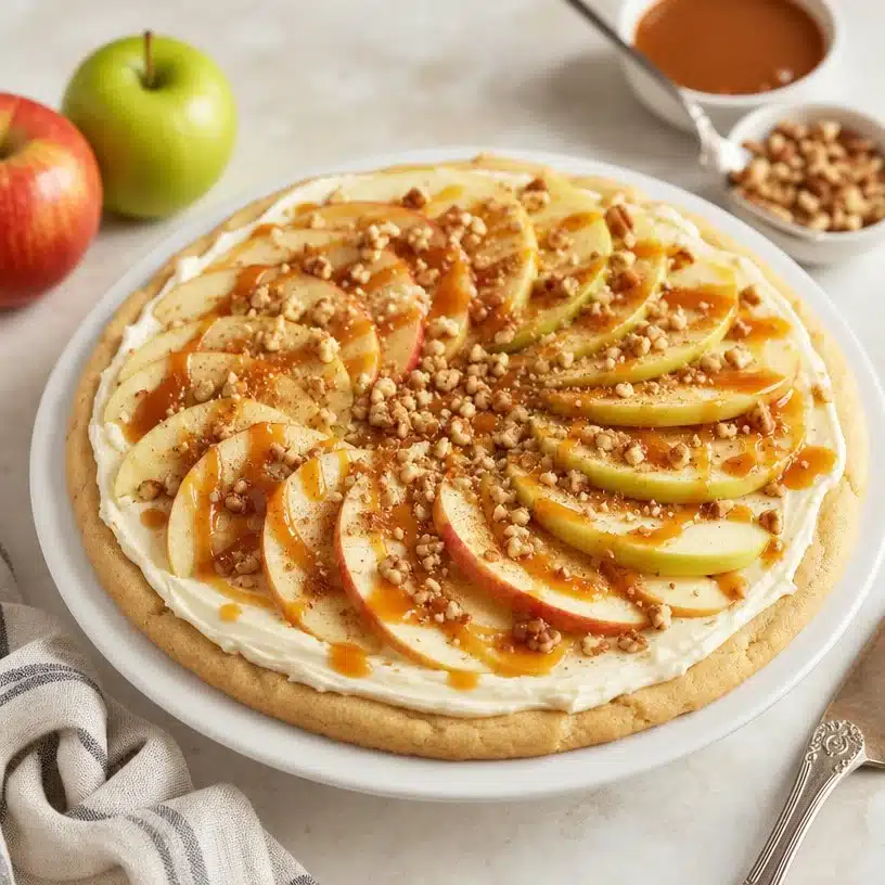 Classic Caramel Apple Fruit Pizza 3 Delicious Classic Caramel Apple Fruit Pizza topped with caramel and fresh apples.