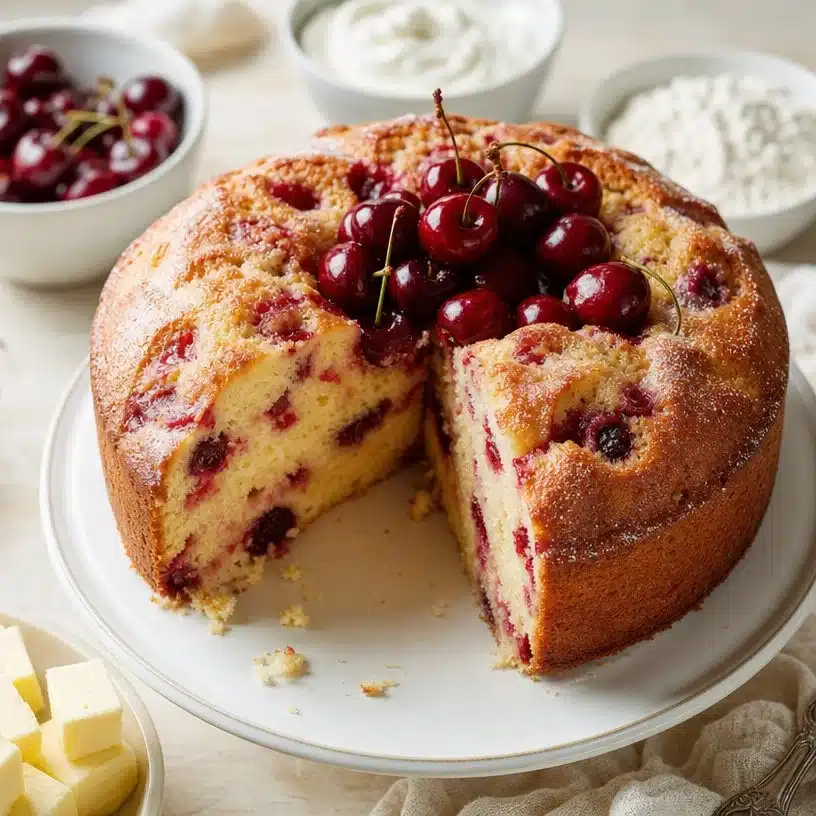 Delicious slice of classic cherry pound cake with fresh cherries