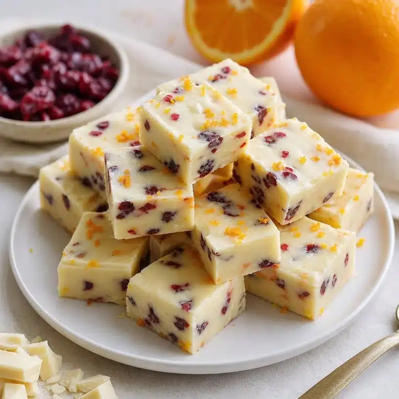 Cranberry Orange White Chocolate Fudge 3 Decadent cranberry orange white chocolate fudge squares on a festive plate