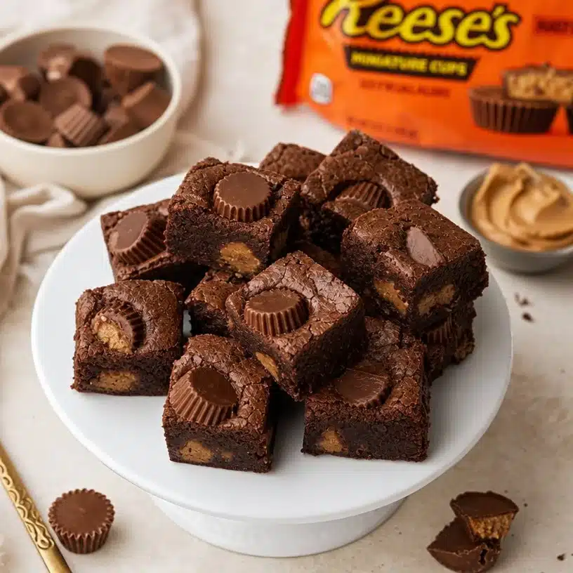 Peanut Butter Cup Brownie Bites topped with chocolate and peanut butter.