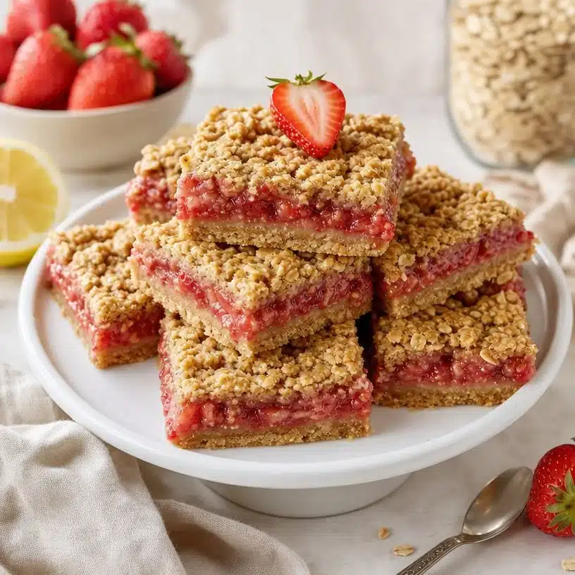 Deliciously Healthy Strawberry Oatmeal Bars 3 Deliciously healthy strawberry oatmeal bars on a wooden table