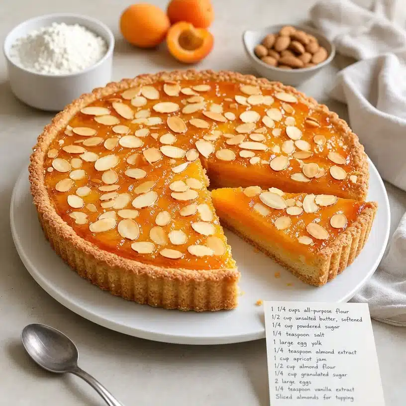 Delightful apricot almond tart with a golden crust and fresh fruit topping