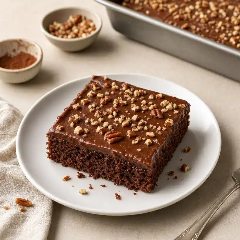 Mini Texas sheet cake served on a plate, perfect for any celebration