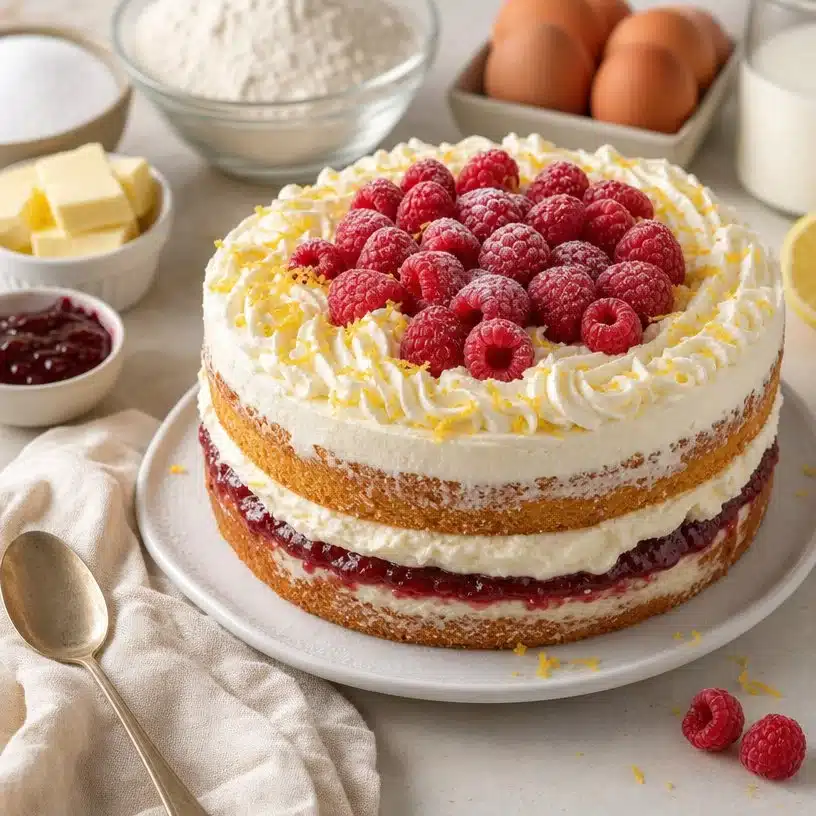 Slice of delightful raspberry lemon cake with fresh raspberries and lemon zest.