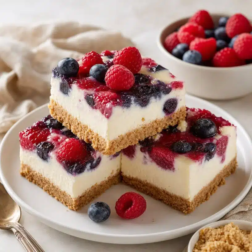 Delicious red, white, and blue cheesecake bars topped with fresh berries