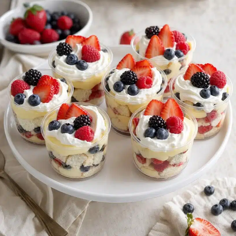 Red, white, and blueberry mini trifles in clear cups, perfect for summer desserts.