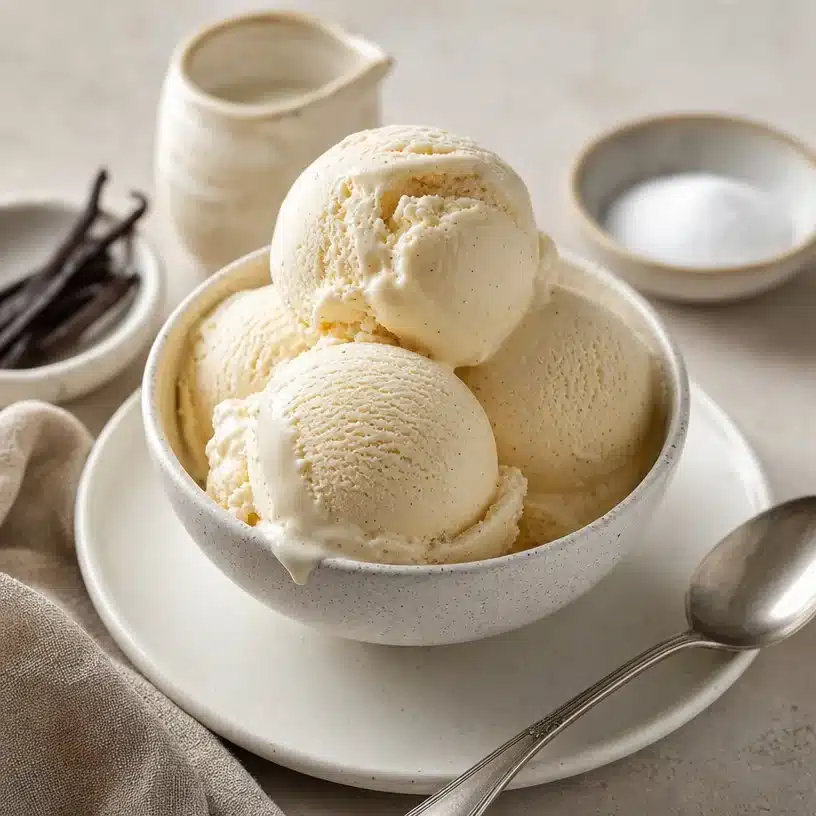 Homemade vanilla ice cream served in a bowl with a scoop and fresh vanilla beans
