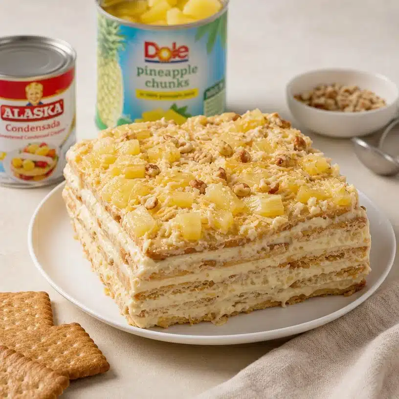 Easy Biscuit Cake 3 Delicious easy biscuit cake topped with cream and chocolate