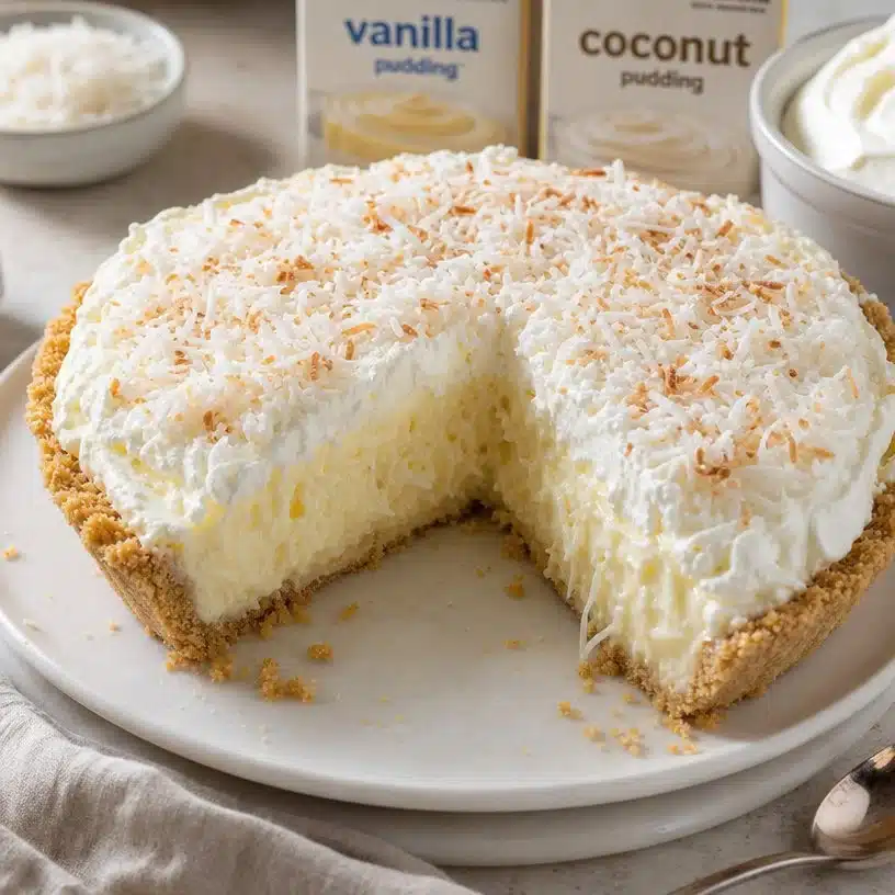 Easy No Bake Coconut Cream Pie 3 No bake coconut cream pie with whipped cream and coconut flakes