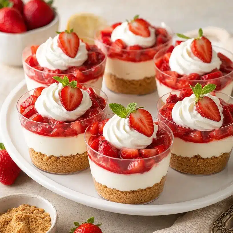 No-bake strawberry cheesecake cups topped with fresh strawberries