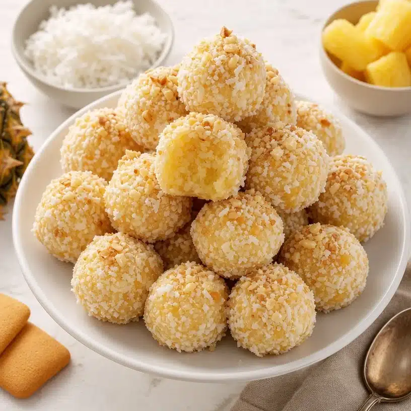 Easy Pineapple Coconut Balls: A Tropical Delight Recipe 3 Delicious homemade pineapple coconut balls on a tropical themed plate