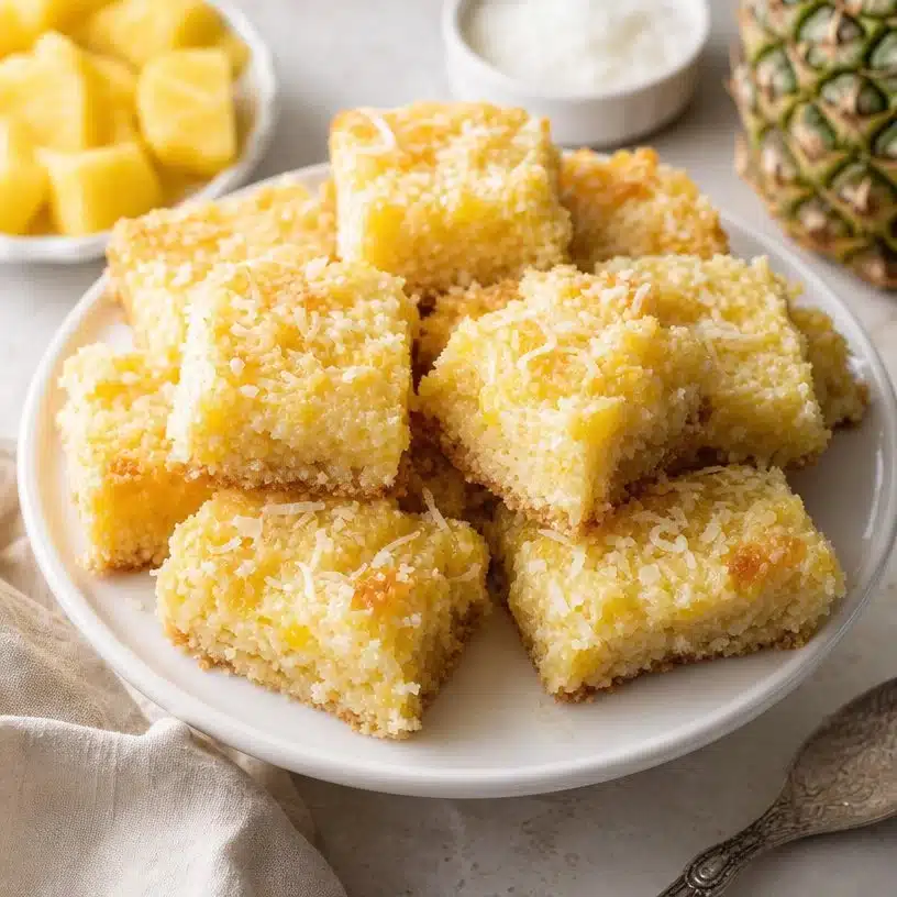 Easy Pineapple Coconut Squares 3 Delicious easy pineapple coconut squares on a plate