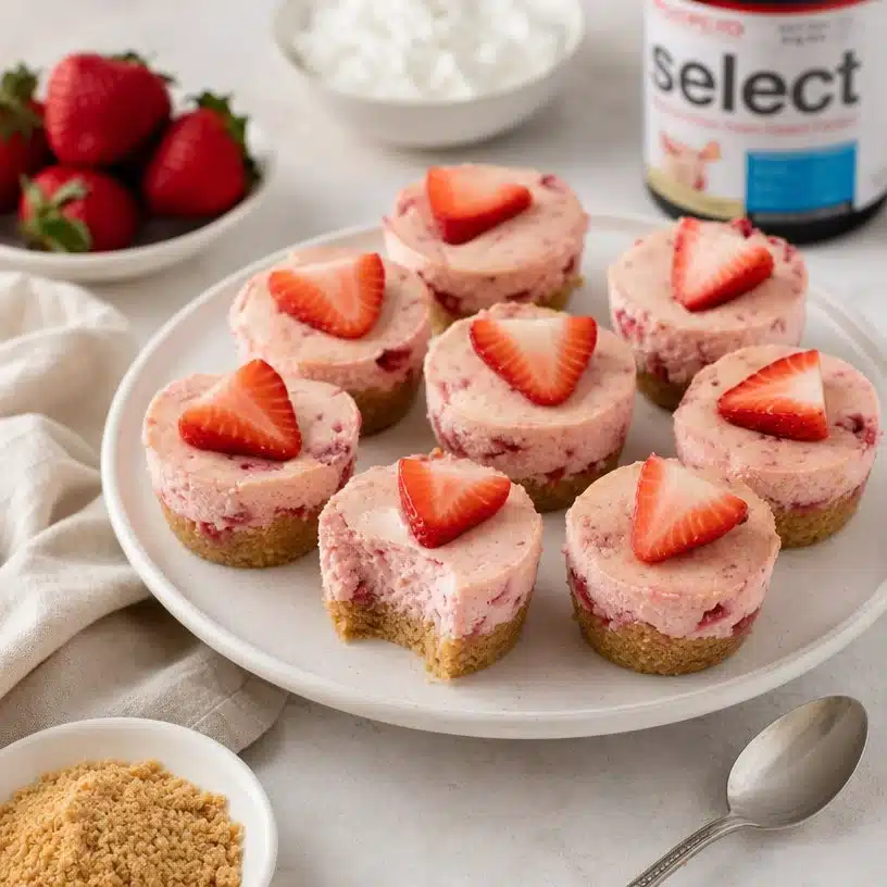 Delicious high protein cheesecake bites ready to be enjoyed as a healthy treat.