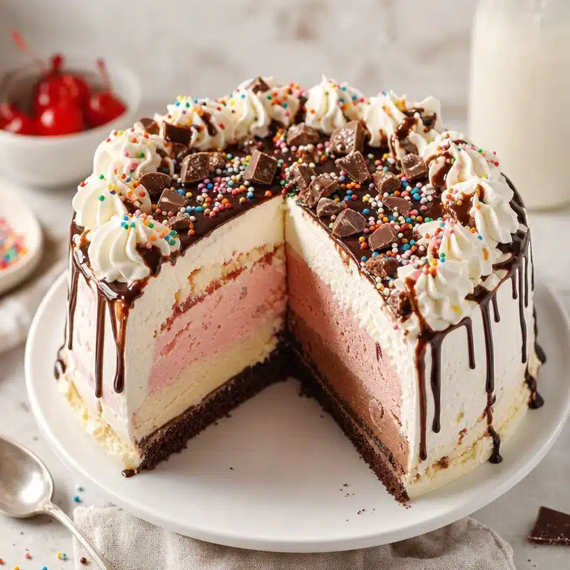 Delicious ice cream cake topped with colorful sprinkles and fresh fruit