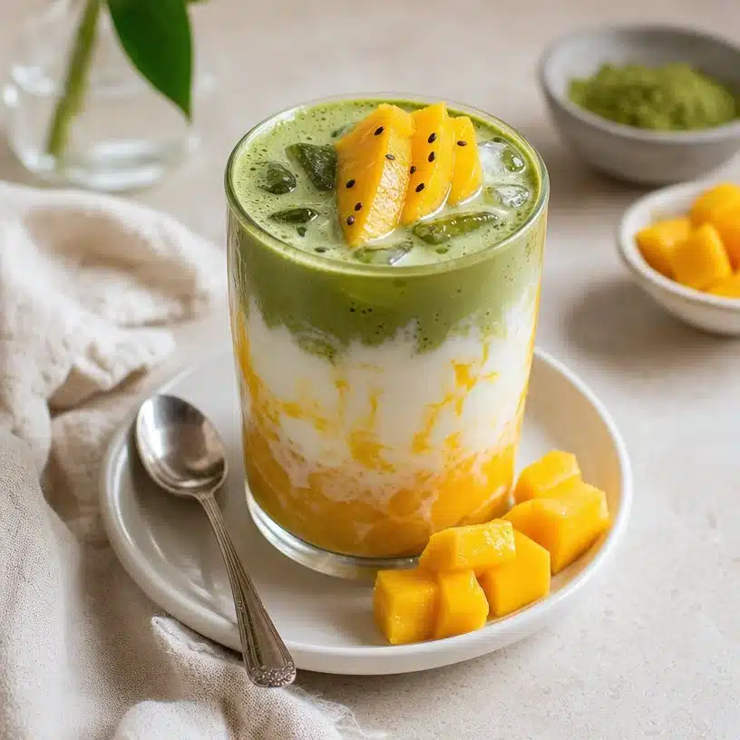 Incredible Mango Sticky Rice Matcha Latte 3 Incredible Mango Sticky Rice Matcha Latte topped with fresh mango and matcha powder.