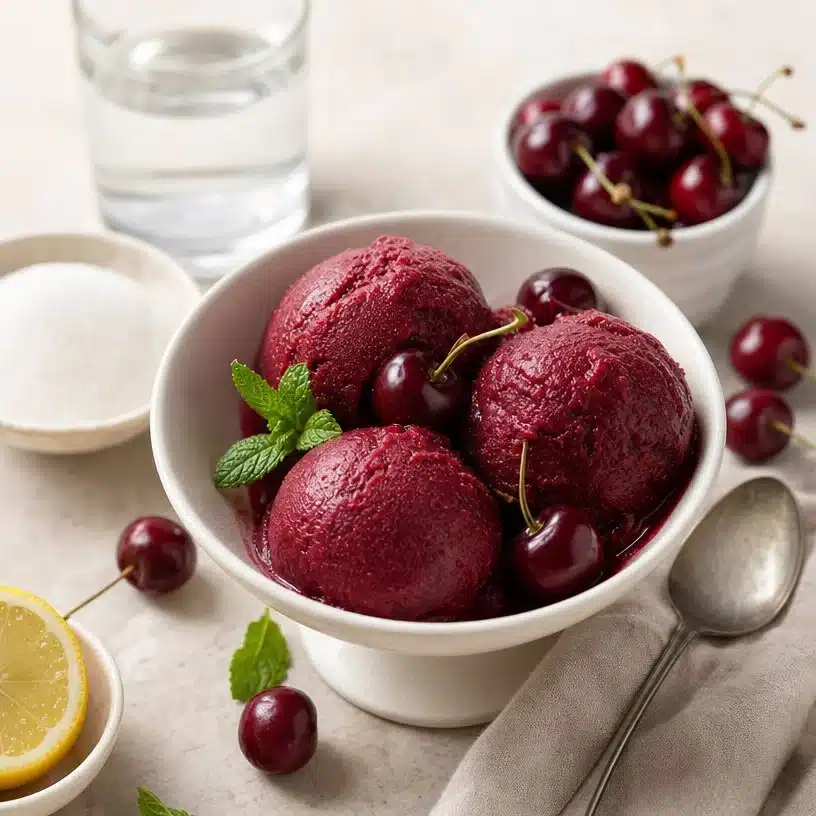 Homemade cherry sorbet in a bowl garnished with fresh cherries