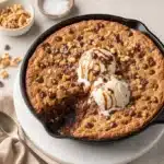 Delicious chocolate chip skillet cookie served warm with ice cream