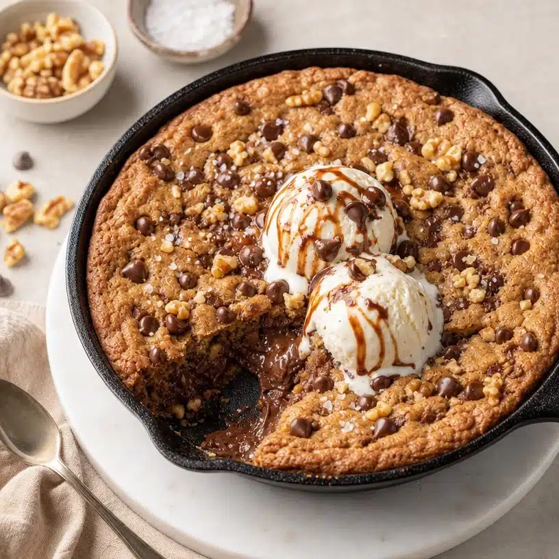Delicious chocolate chip skillet cookie served warm with ice cream