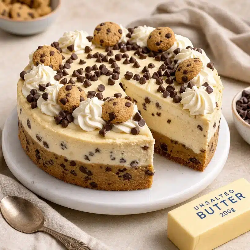 Irresistible Cookie Dough Cheesecake 3 Slices of irresistible cookie dough cheesecake with chocolate chip toppings