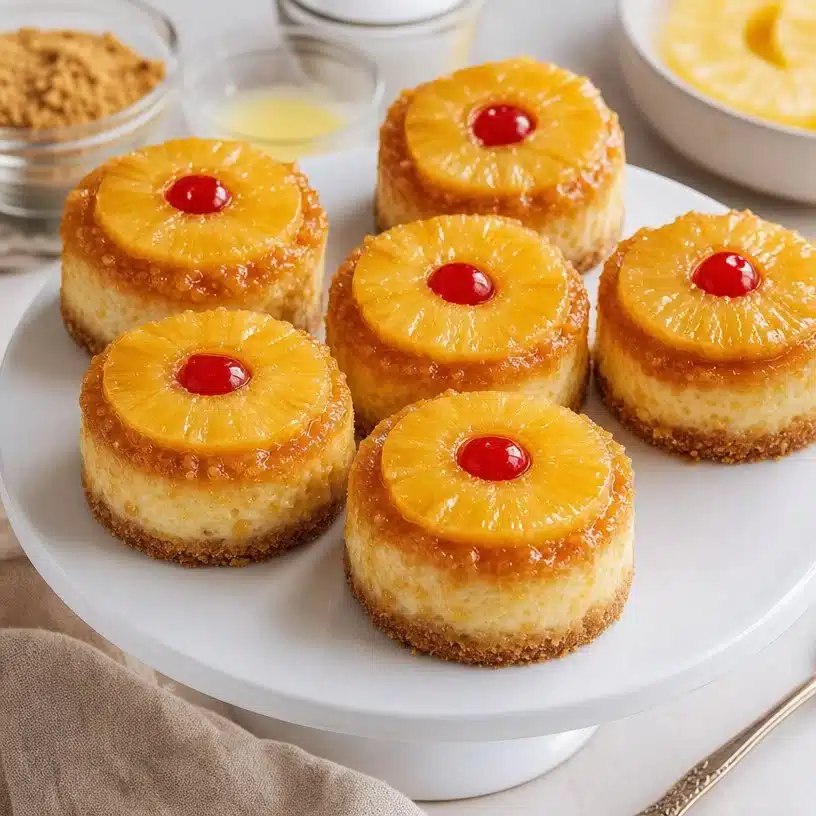 Irresistible Mini Pineapple Upside Down Cheesecakes 3 Irresistible mini pineapple upside down cheesecakes served on a platter.