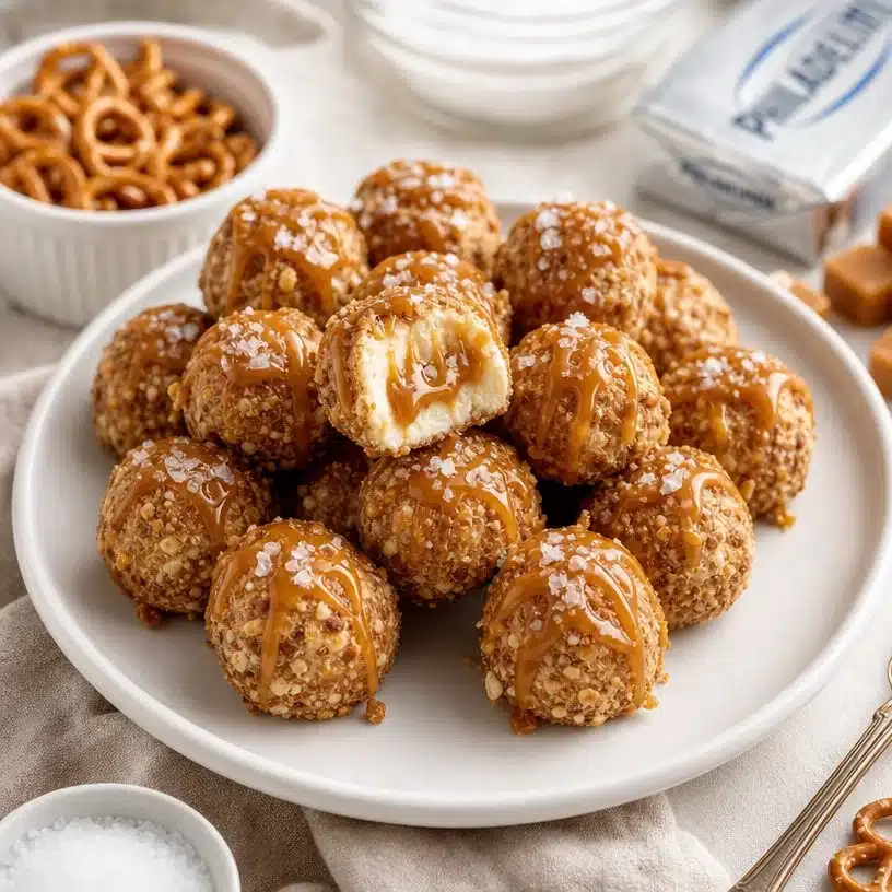 Irresistible salted caramel cheesecake balls with pretzel crust