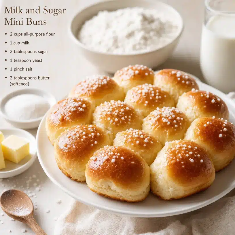 Milk and Sugar Mini Buns 3 Freshly baked Milk and Sugar Mini Buns on a decorative plate.