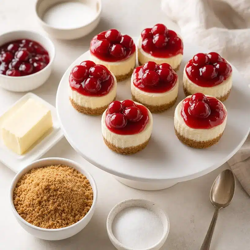 Mini Cherry Cheesecakes 3 Mini cherry cheesecakes topped with fresh cherries on a dessert plate